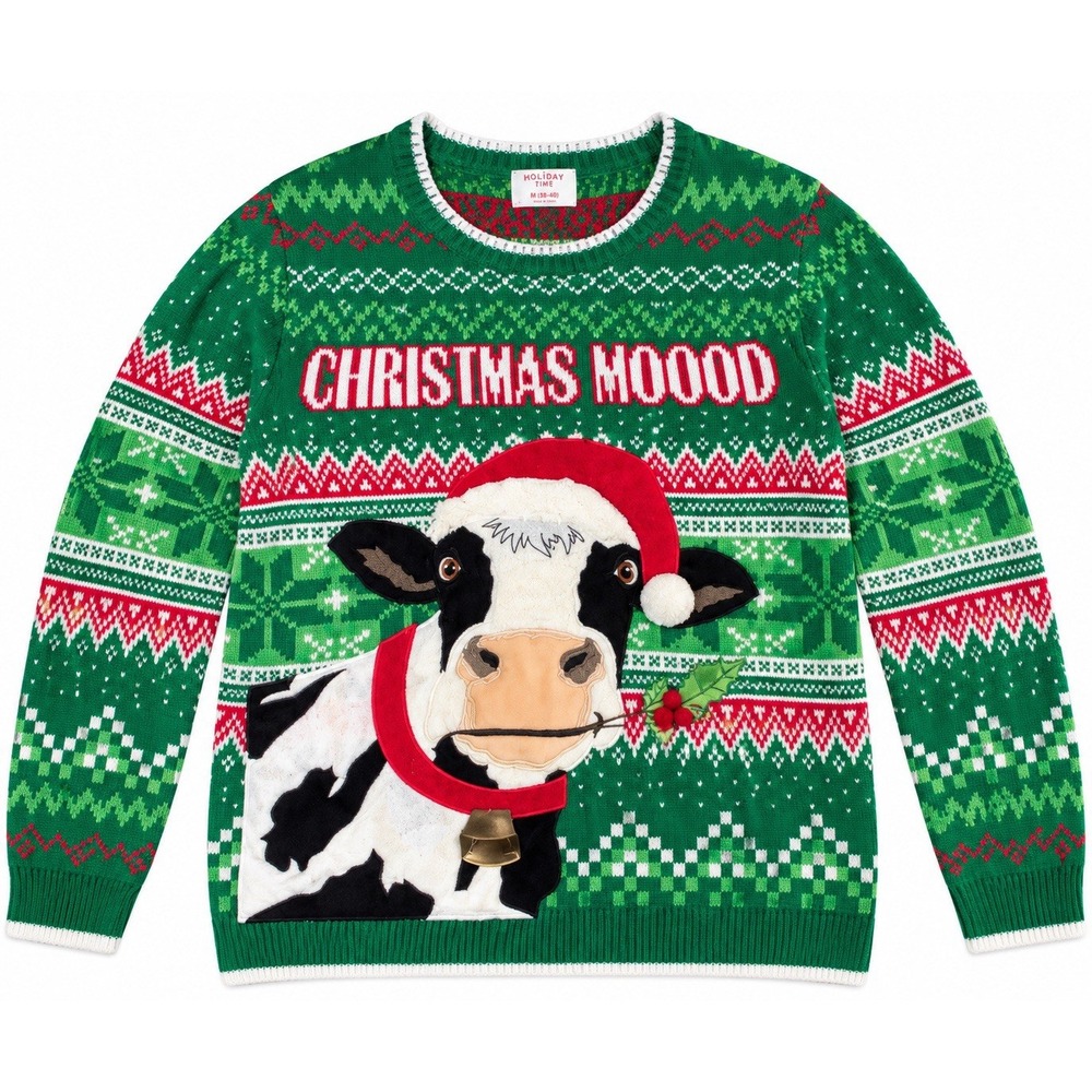 Holiday Time Christmas Mooood Cow 3D Medal Bell Ugly Christmas Sweater M 38-40